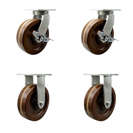 Service Caster 10'' Heavy Duty High Temp Phenolic Swivel Caster Set 2 Brakes 2 Rigid, 4PK CRAN-SCC-KP92S1030-PHRHT-SLB-2-R-2